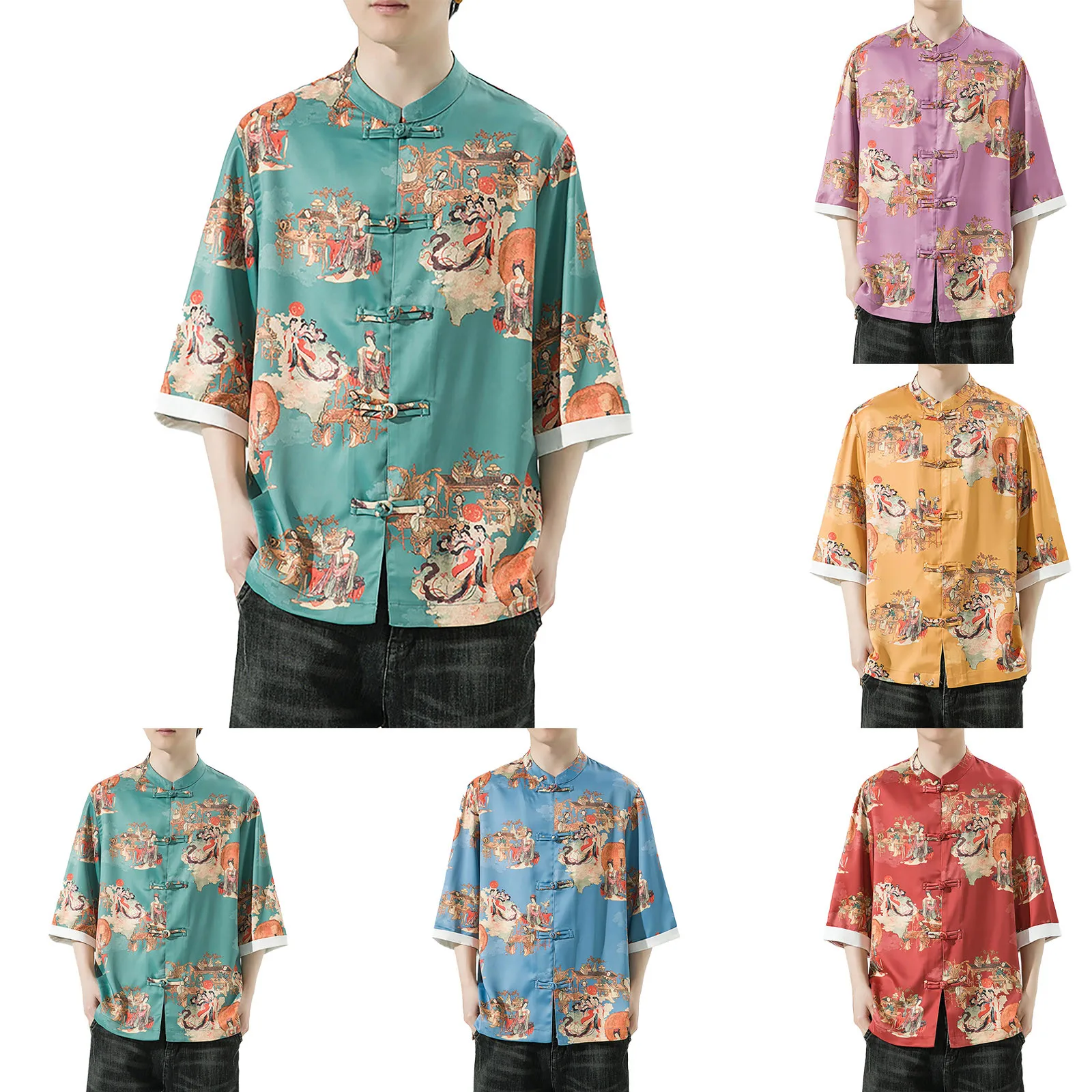 

Mens Shirts Medium Vintage Collar Tang Short Sleeved T Shirt Men'S Tang Suit Plate Buckle Casual Hanfu Men'S Shirt Set