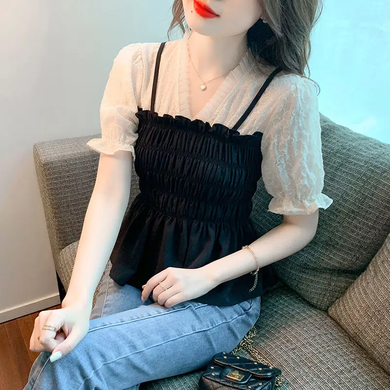 

Short Sleeve Chiffon Shirt Women's Summer New Fashion Waist Wrapped Top Fake Two Piece Blouse S-4XL