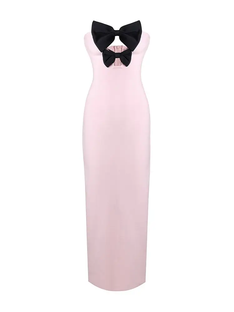 

Women Elegant Luxury Pink Sexy Bodycon Hollow Strapless Long Bandage Formal Occasion Dresses Birthday Evening Cocktail Party