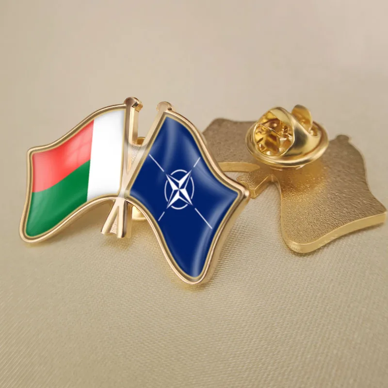

Madagascar and NATO North Atlantic Treaty Organization Crossed Double Friendship Flags Lapel Pins Brooch Badges