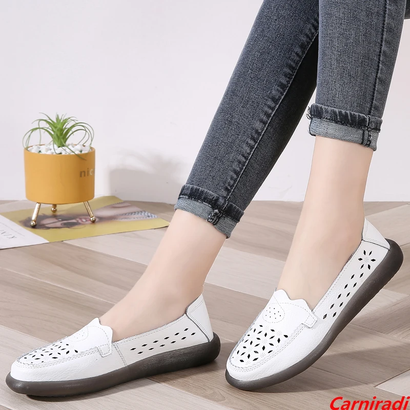 

New Soft Sole Slip On Summer Casual Shoes Women Breathable Hollow Out Moccasins Loafers Ladies Genuine Leather Flat Walking Shoe