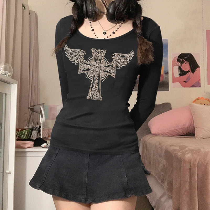 

hirigin Harajuku Fairycore Grunge Full Sleeve T-shirts Women Autumn O-neck y2k Aesthetic Slim Fits Crop Tops Tees Streetwear