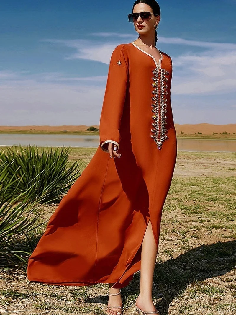 Handsewn Rhinestone Orange Arabic Party Long Dress Moroccan Dubai Saudi Gulf Muslim Caftan Evening Gown Ramadan Eid Abaya Kaftan