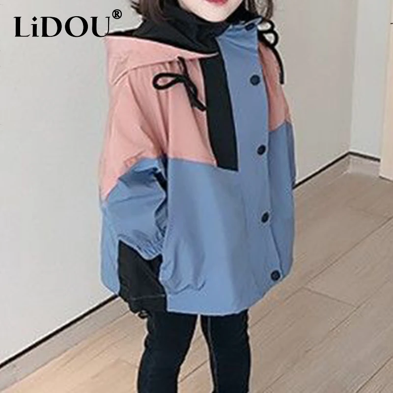 

2023 Autumn Korean Fashion Anime Jacket For Girls Sports Chic Contrast Colors Kid Coat Sweet Cute Kawaii Loose Children Clothes