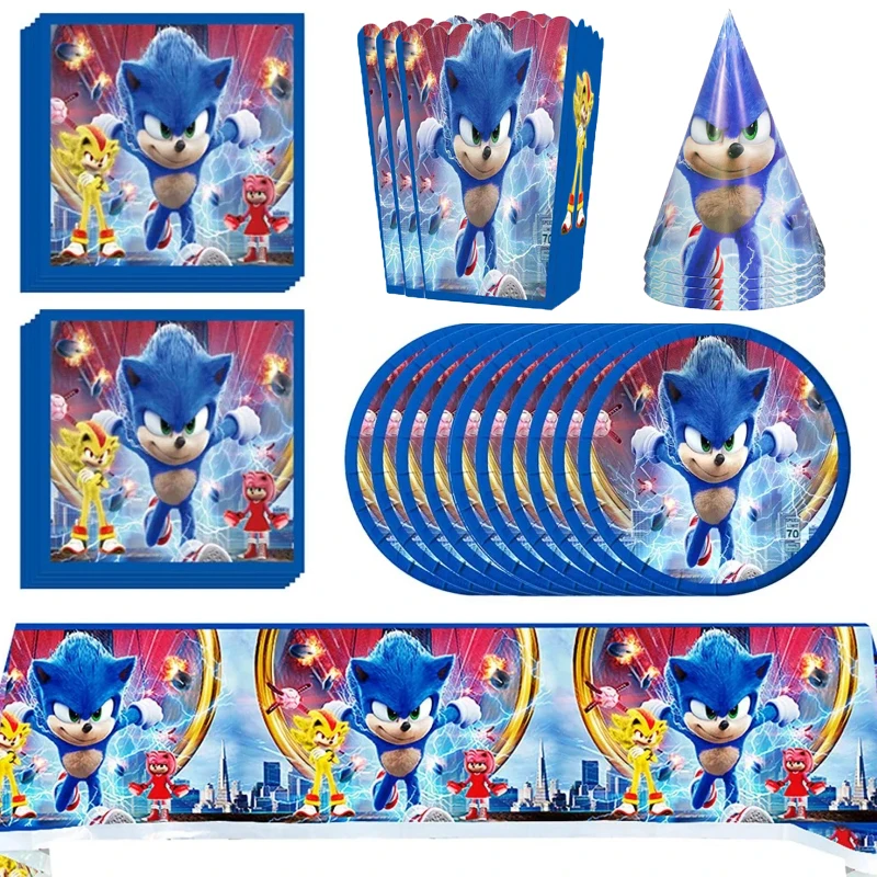 

Sonic Theme Children's Birthday Party Decoration Supplies Disposable Cartoon Cake Insert Card Paper Cup Pull Flag Latex Balloon