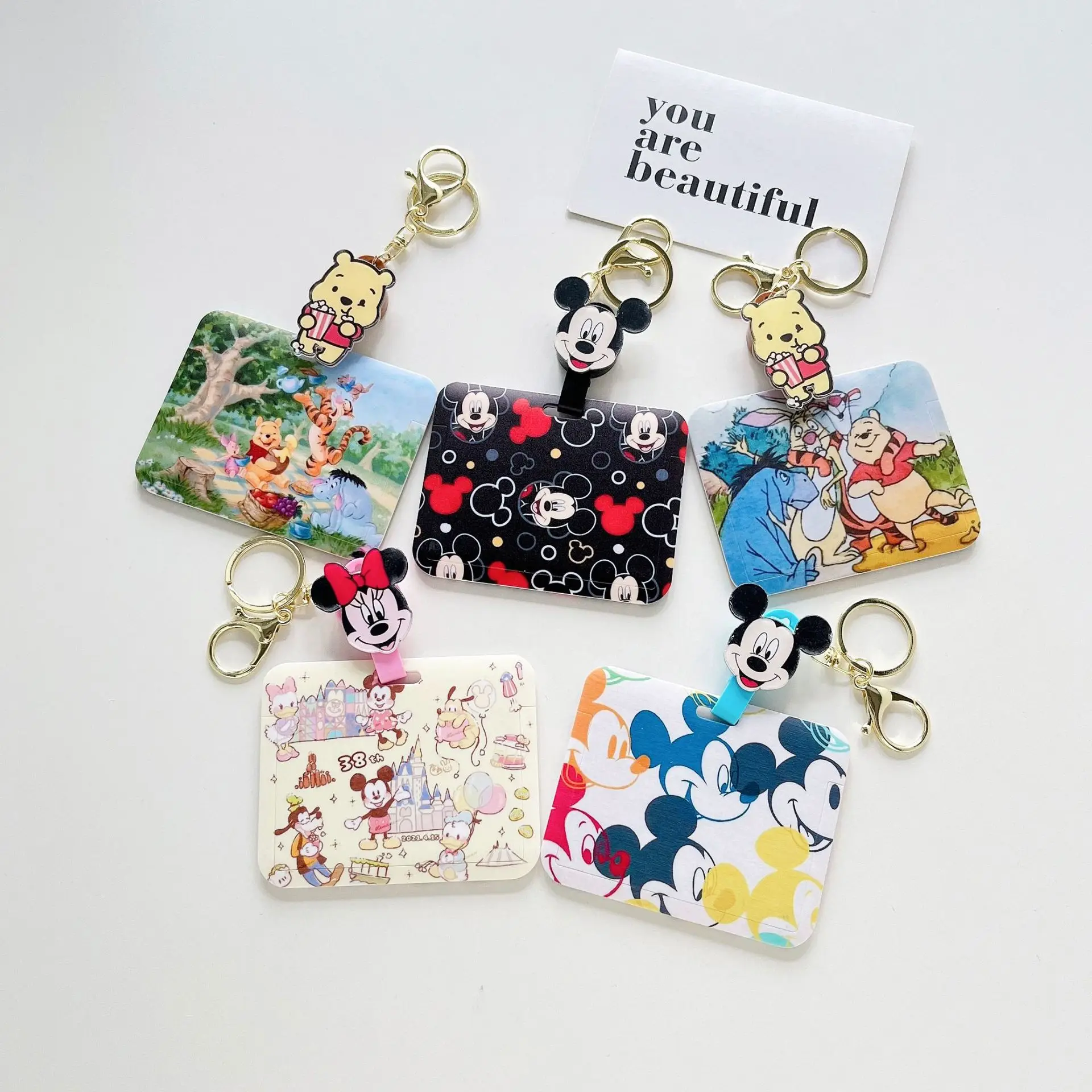 

Disney Credential Holder Mickey Mouse Minnie Donald Duck Anime Easy Pull Buckle Card Holder Cute Student ID Case Kids Keychain