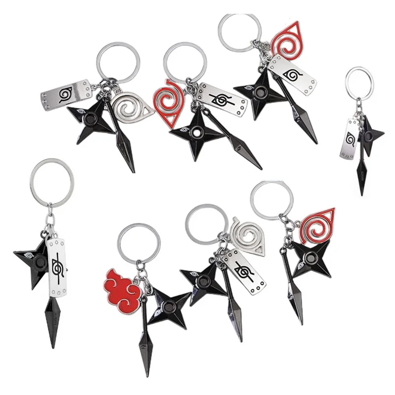 

New Anime Konoha Ninja Betrayal Forehead Shuriken Kunai Three-piece Alloy Keychain for Men Women Set Llaveros Porte Clé Jewelry
