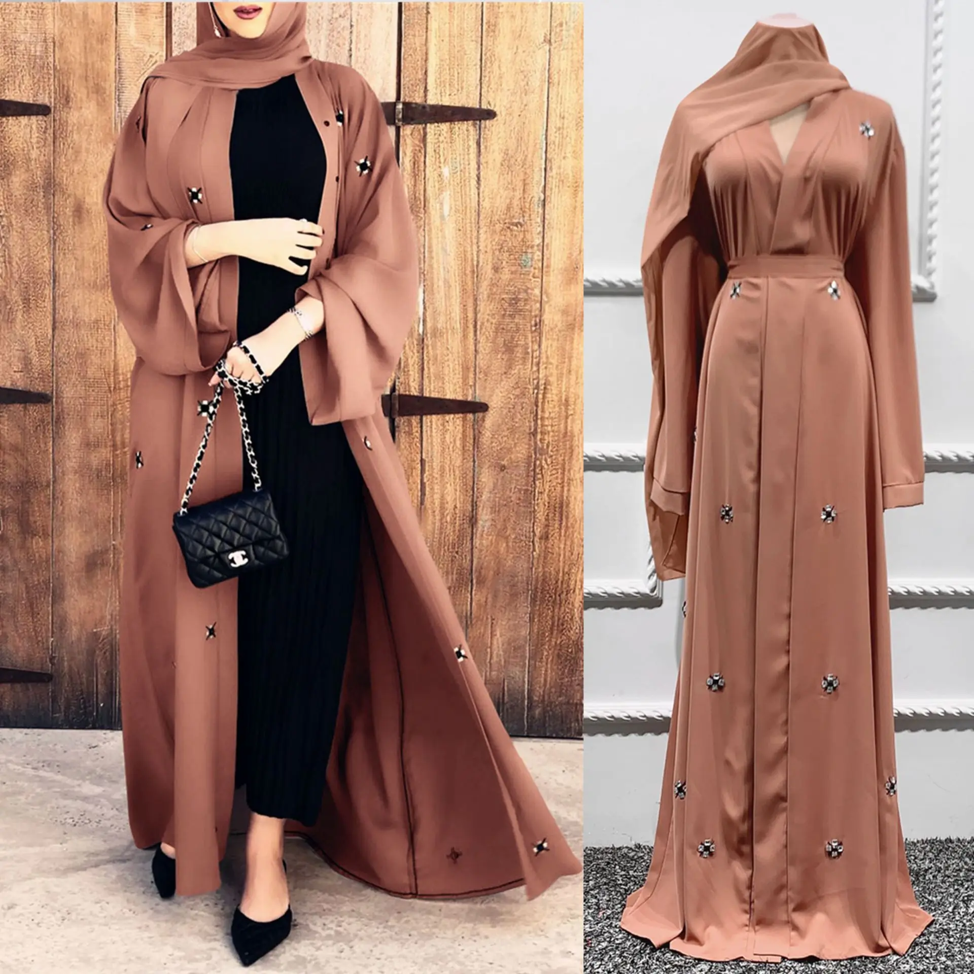 

Beaded Islamic Clothing Women Dubai Muslim Fashion Open Abaya Ramadan Hijab Long Dress Sash Turkish Caftan Robe Femme Musulmane