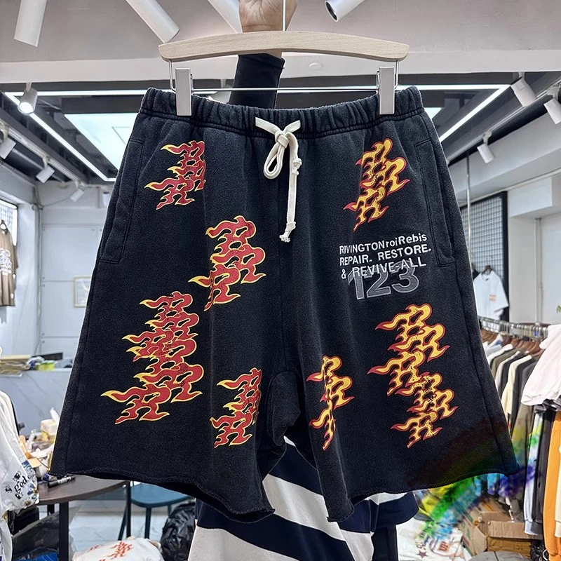 

New Vintage Flame Embroidery Letter RRR 123 Drawstring Elastic Waist Shorts Men Women Breeches y2k