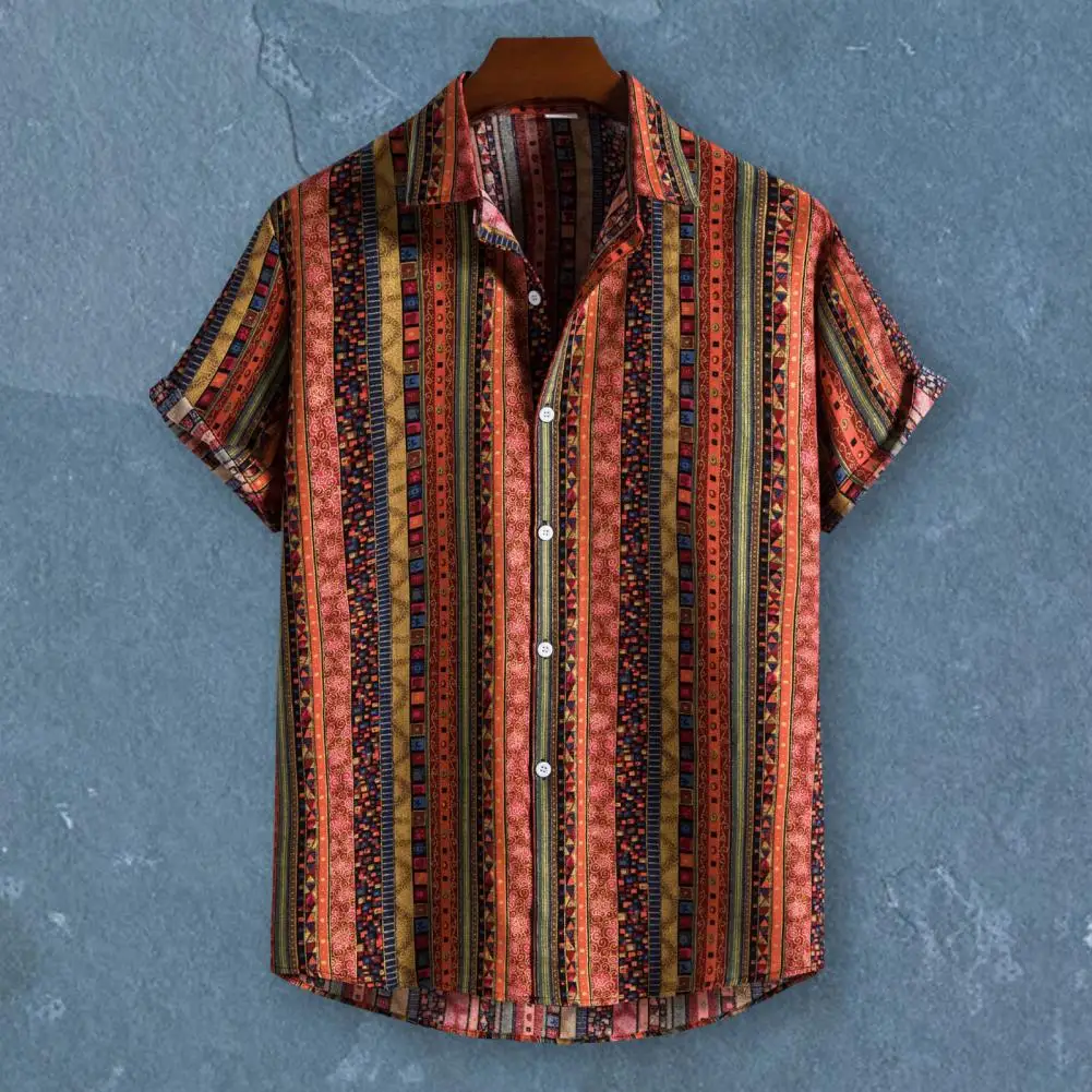 

Summer Tops Striped Print Summer Shirt Lapel Hawaii Style Men Shirt