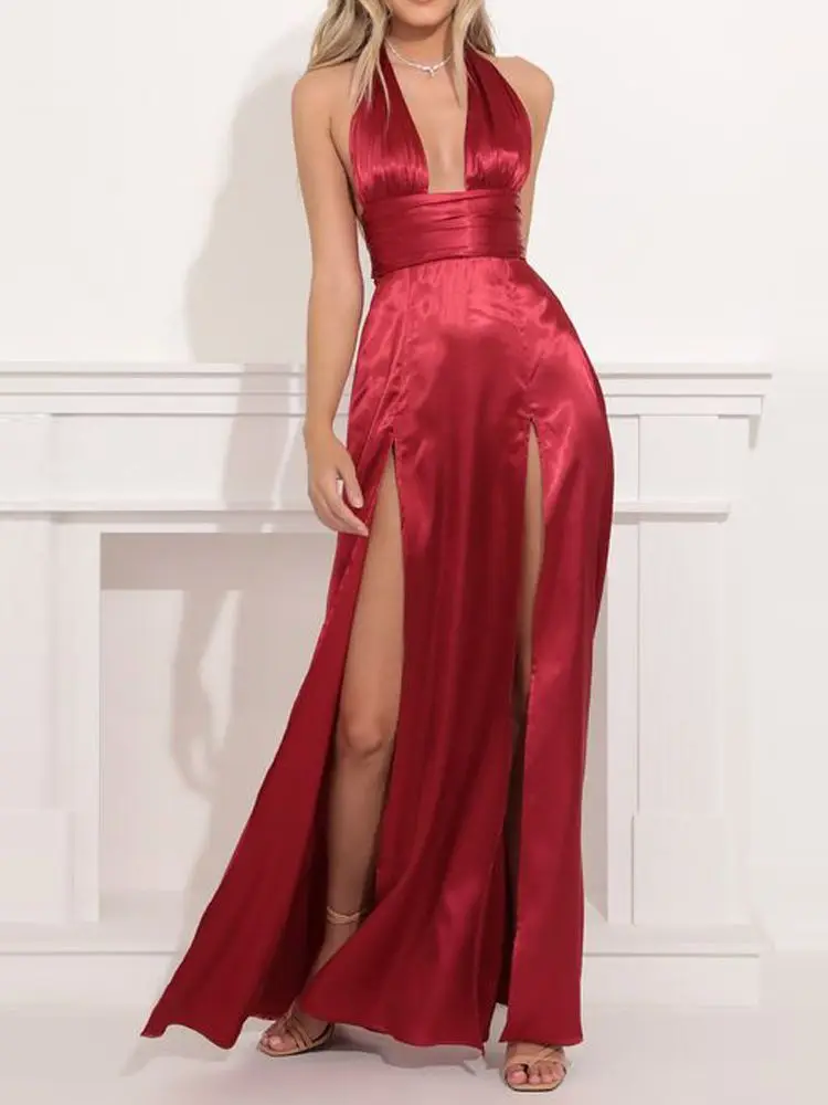 

Красное Атласное сексуальное женское вечернее платье без рукавов с лямкой на шее и открытой спиной, Платье макси с 2 разрезами на ногах