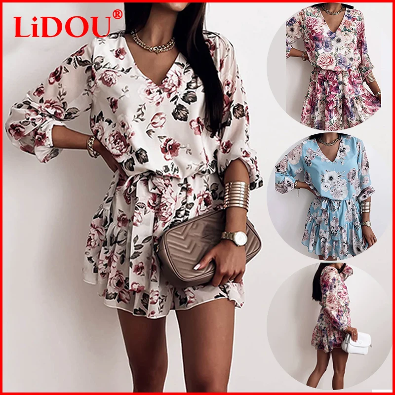 

2022 A Line Casual Summer Mini Dress V Neck Elegant Dresses For Women Print Women's Clothing Party Robe Femme Vestidos De Fiesta