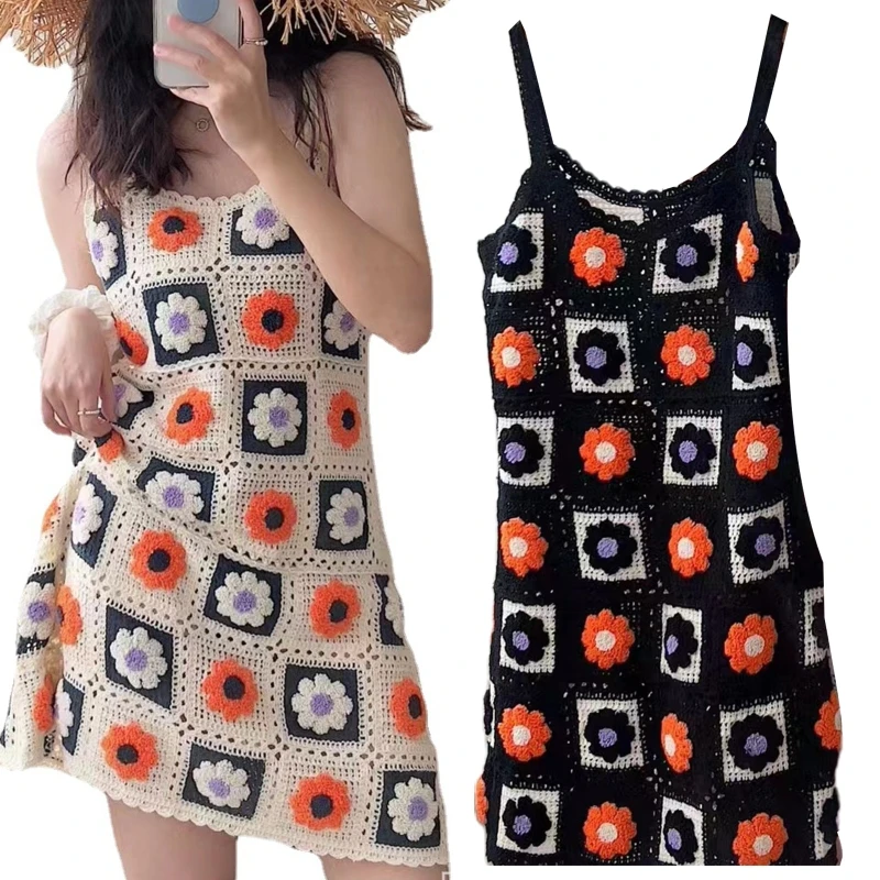 

Женское вязаное крючком платье-миди без рукавов с цветочной вышивкой