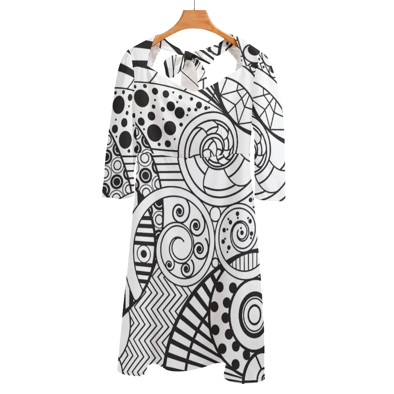 

Māori Koru Black & White Design Back Lacing Backless Dress Women Kawaii Square Collar Dress 6Xl Maori Dresses For Women Party