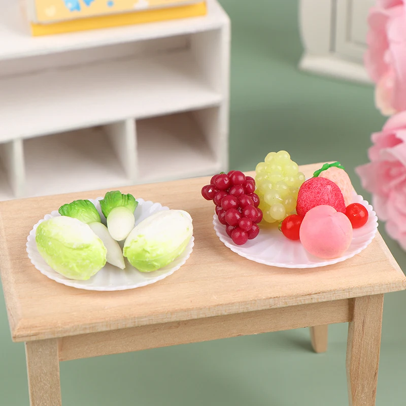 

1Set 1:12 Dollhouse Miniature Fruit Platter Vegetable Platter Simulation Cabbage Radish Grape Peach With Tray Model Decor Toy