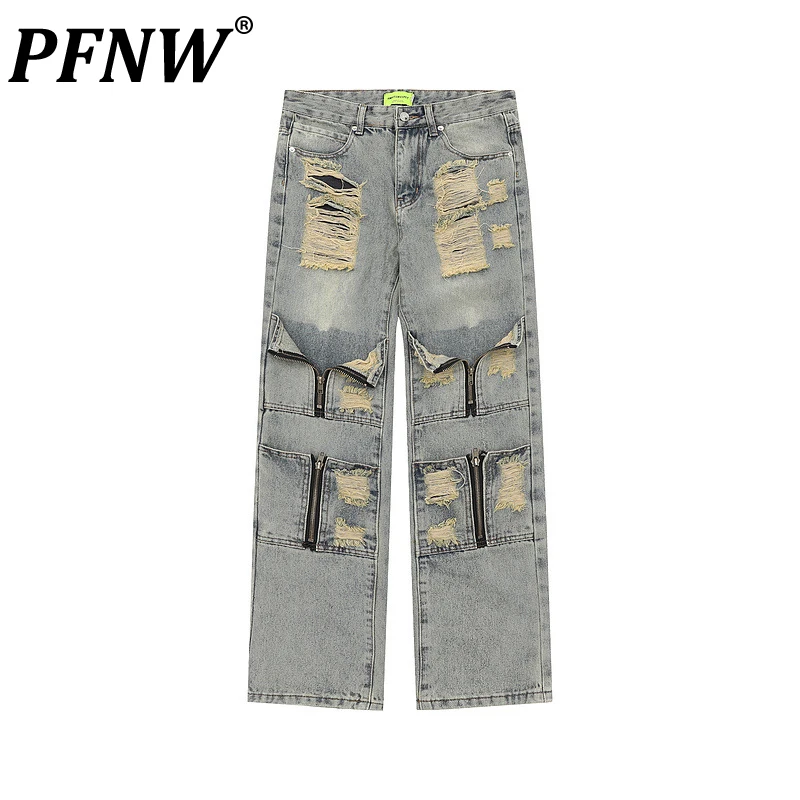 

PFNW Spring Summer Men's Niche Design Mud Dye Denim Pants Tide Windbreak Cut Zip Pocket Straight Handsome Worn Out Jeans 12A9090