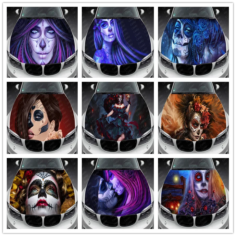 

Sugar Skull Woman Itasha Hood Vinyl Stickers Wrap Vinyl Film Engine Cover Decals Sticker on Car Auto Accessories