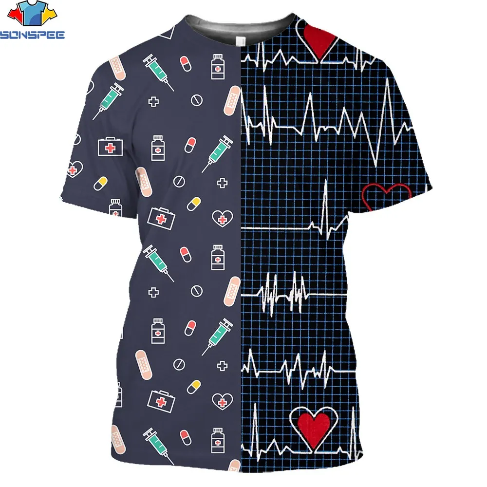 

SONSPEE 3D Print Summer Men Women Short Sleeve Tee Cosplay Funny Heartbeat Pill Band-Aid Popular Hot Sale Crew Neck T-shirt Top