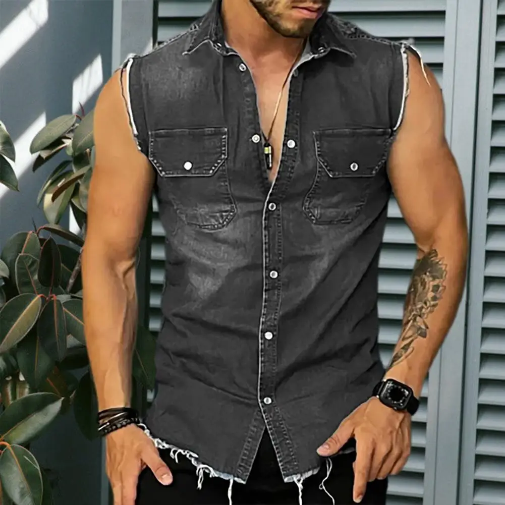 

Tank Top Men Lapel Sleeveless Vest Jacket Single-breasted Flap Pockets Tassel Summer Solid Color Denim Shirt Men Streetwear