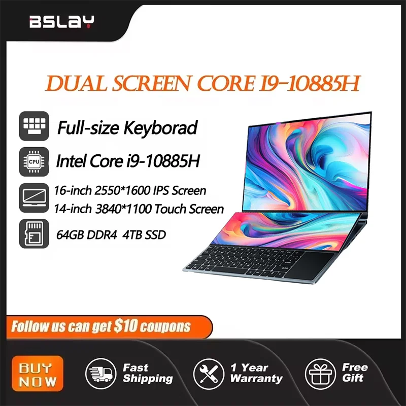 Ноутбук с двойным экраном 16,1 + 14,1 дюйма Intel i9-10885H 4K 32 ГБ ...