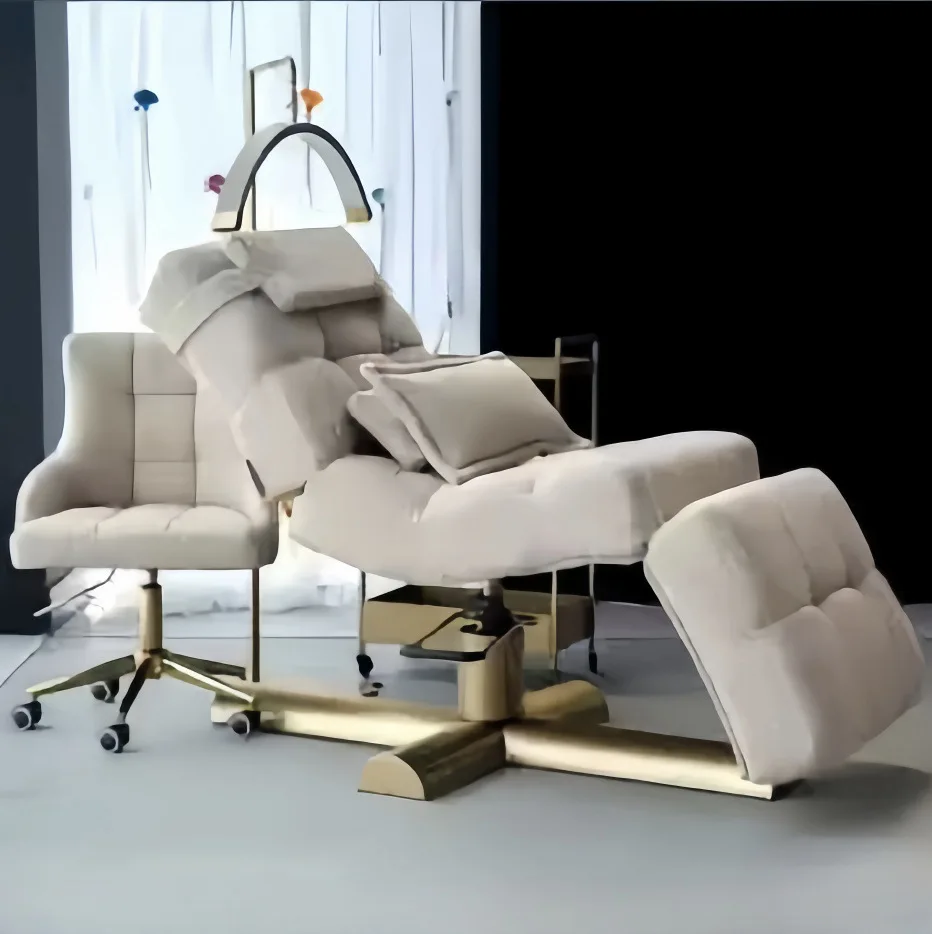 Фото Кушетка для косметических процедур S-образной формы, изогнутая кушетка для наращивания ресниц, гидравлическая кушетка для салонов красоты, специальная кушетка для массажа лица. №1