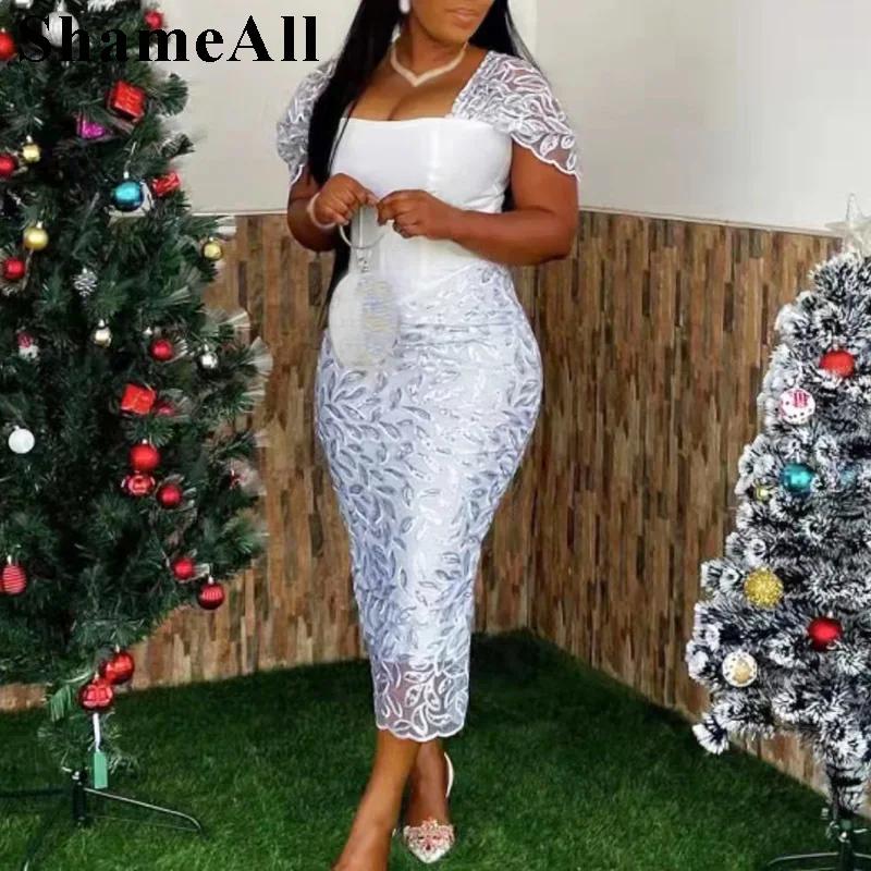 

Plus Size Sequin Leaves Embroidery Mesh Bodycon White Dress 3XL Summer Elegant Women Evening Party Club Square Neck Midi Outfits