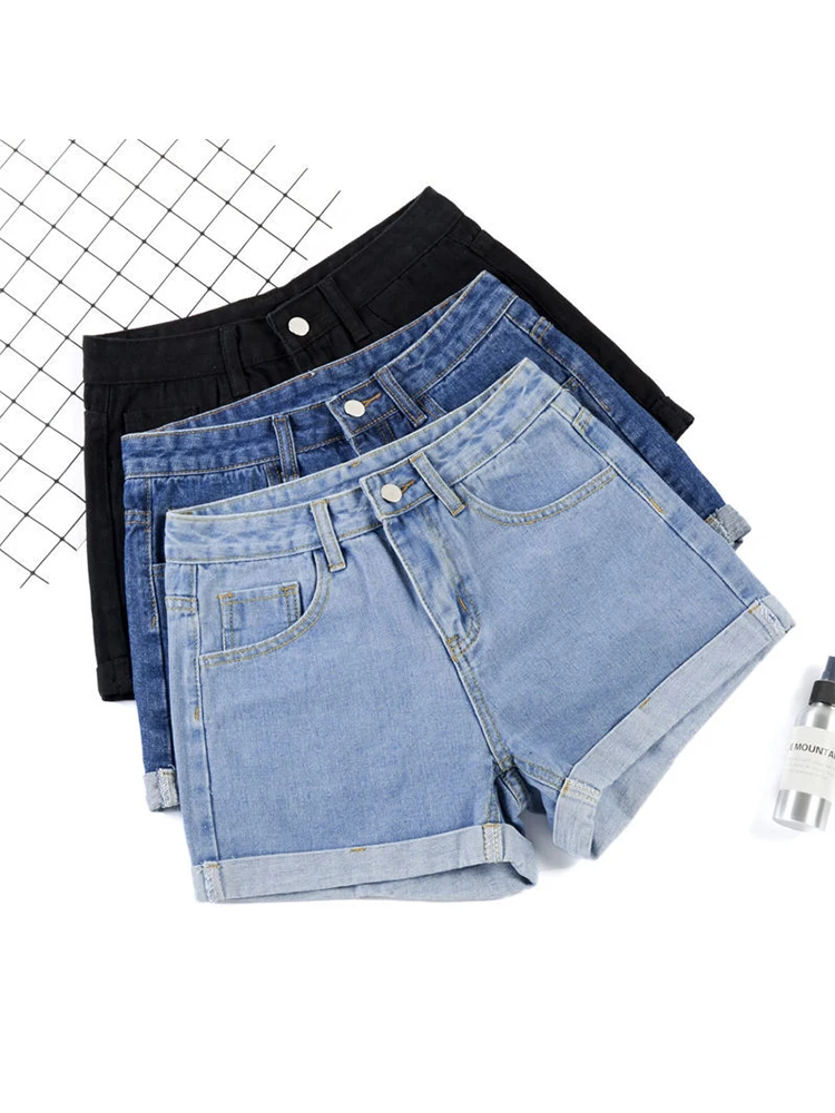 

New Summer Women Wide Leg Classic High Waist Black Denim Shorts Casual Female Solid Color White Blue Loose Jeans Shorts