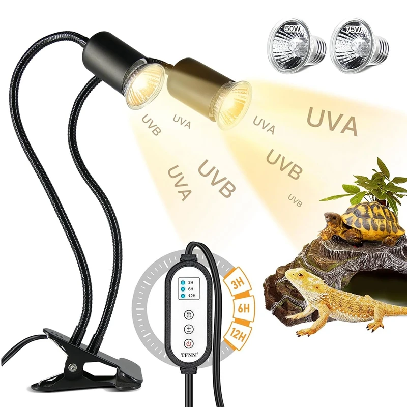 

Нагревательная лампа для рептилий, нагревательная лампа с двойной головкой и зажимом, с циклическим таймером для черепахи, медный дракон