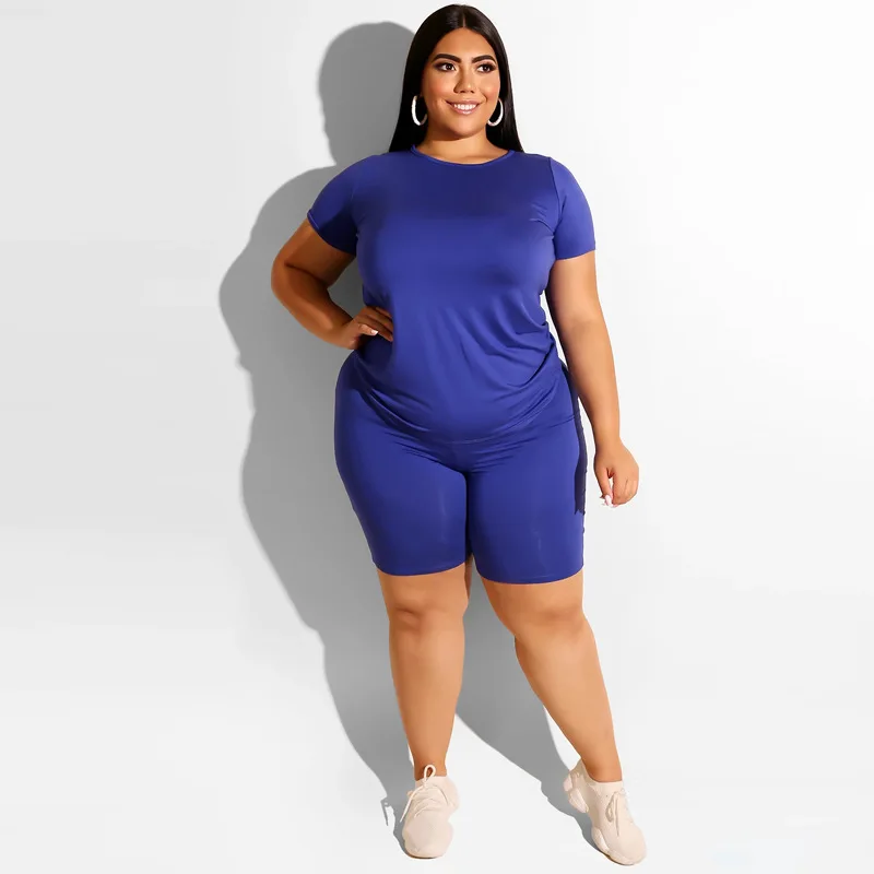 Womens Two Peice Sets Plus Size O-Neck Solid Knee-length Plus Size Matching Sets Short Slim Fit Casual Elastic Waist High Waist