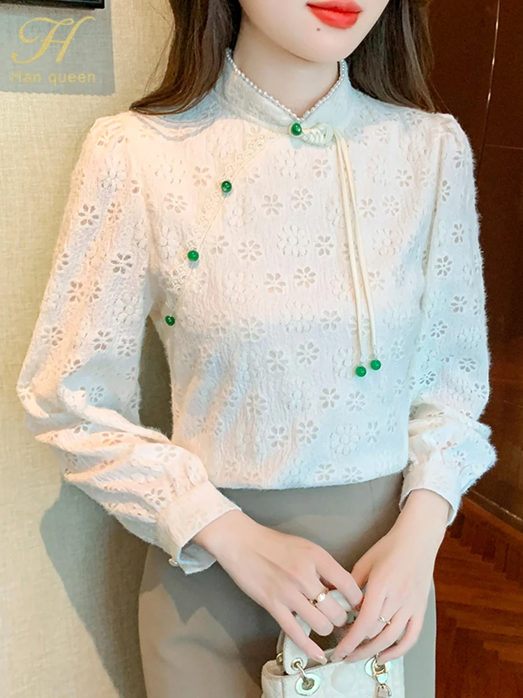 

H Han Queen 2023 Autumn Winner Vintage Office Lady Blouse Female Shirt Lace Tops Long Sleeve Casual Korean Women Loose Blouses