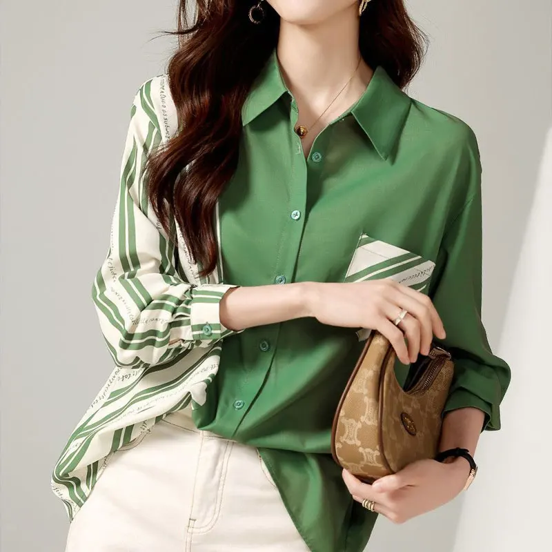 

Streetwear Loose Fashion Striped Patchwork Shirt Spring Autumn Casual Pockets Polo-Neck Female Clothing Single-breasted Blouse