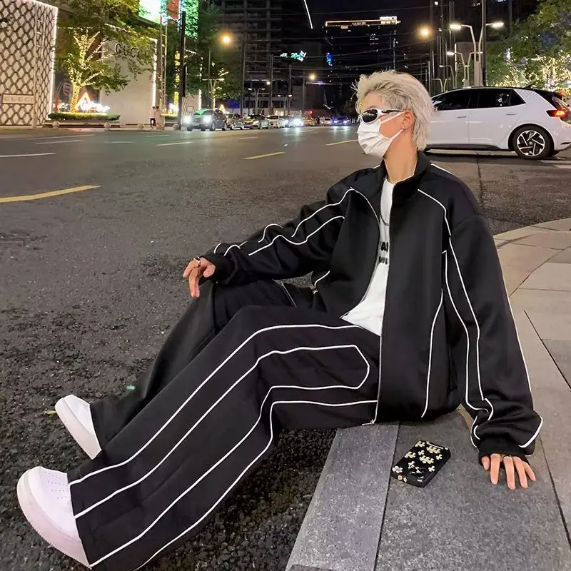 

2023 Autumn and winter American leisure sports suit men's loose design cardigan jacket + wide-leg pants two-piece set of tide