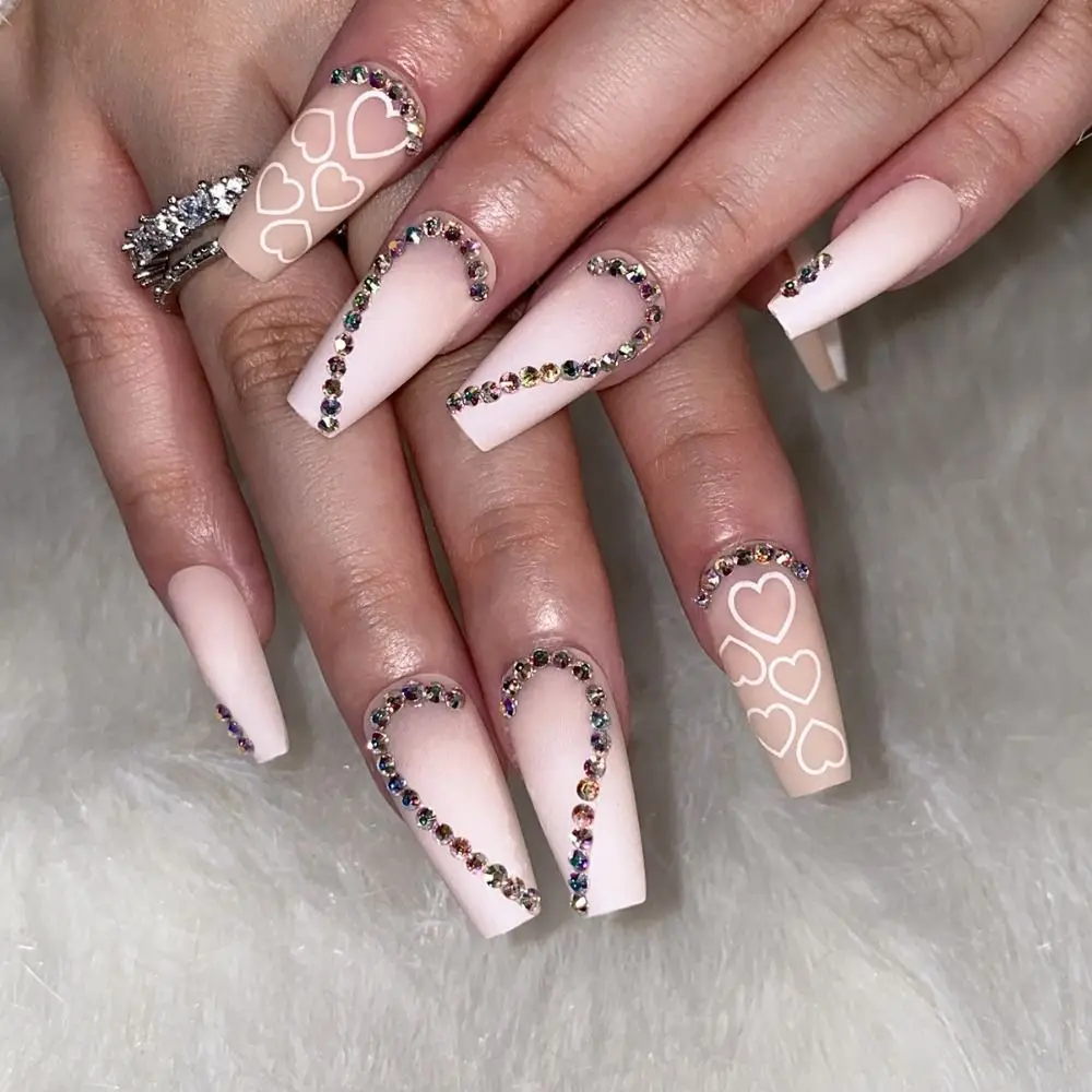 

24pcs Detachable Full Cover Press on Nails Crystal Love Heart Fake Nails Ballerina Long French