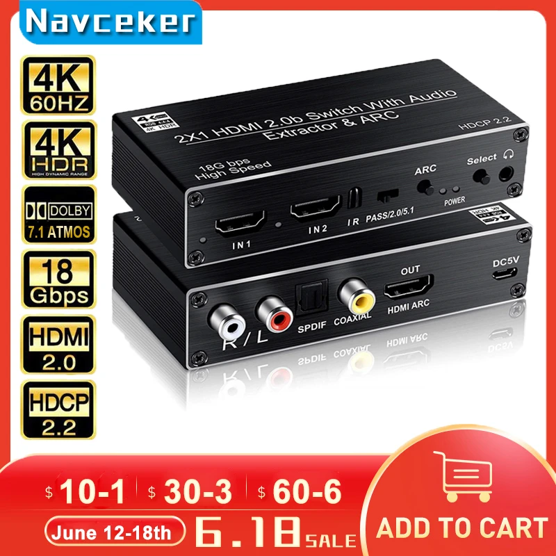 Navceker 2x1 HDMI 2.0 Switch 4K 60Hz HDMI Switch Support 3D,ARC & Optical Toslink HDR Switcher Switch HDMI 2.0 For PS3 PS4 Pro