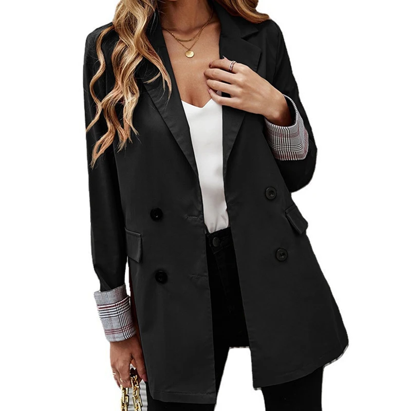 Fashion Blazers for Women Jackets 2023 New Spring Summer Office Ladies Long Coats Notched Double Breasted Outerwear Black Khaki