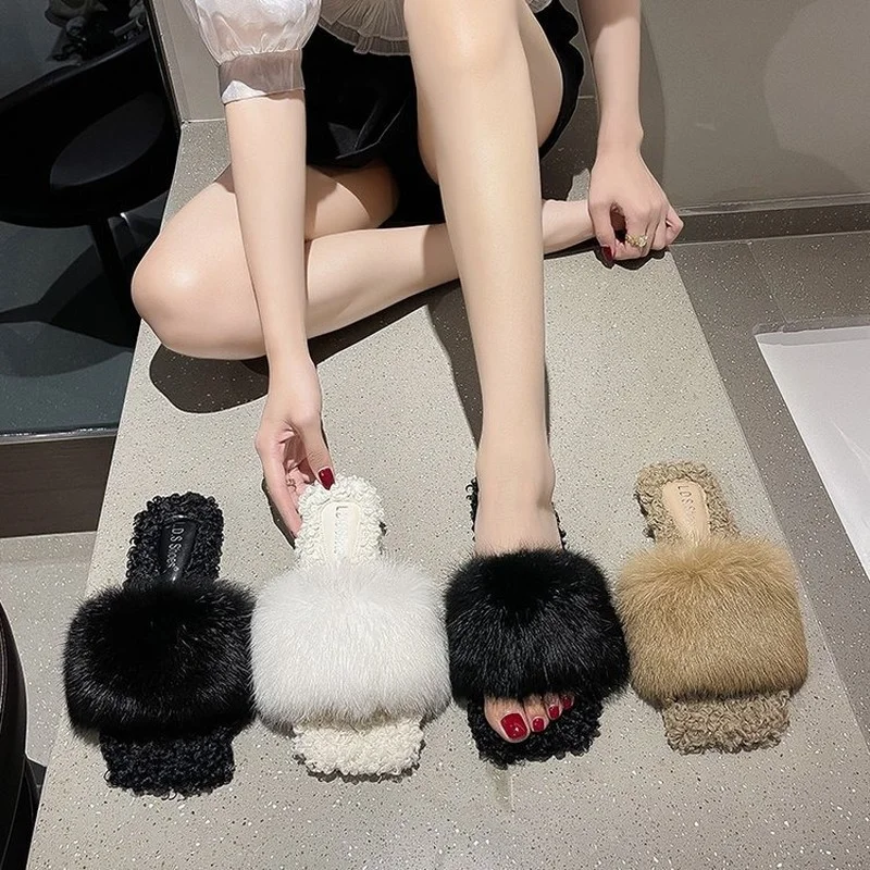 

Luxury Rabbit Fur Slippers For Women's Wear For Fall/winter Flat-bottomed Lamb Wool Warm Cotton Shoes Home Wholesale Sandles