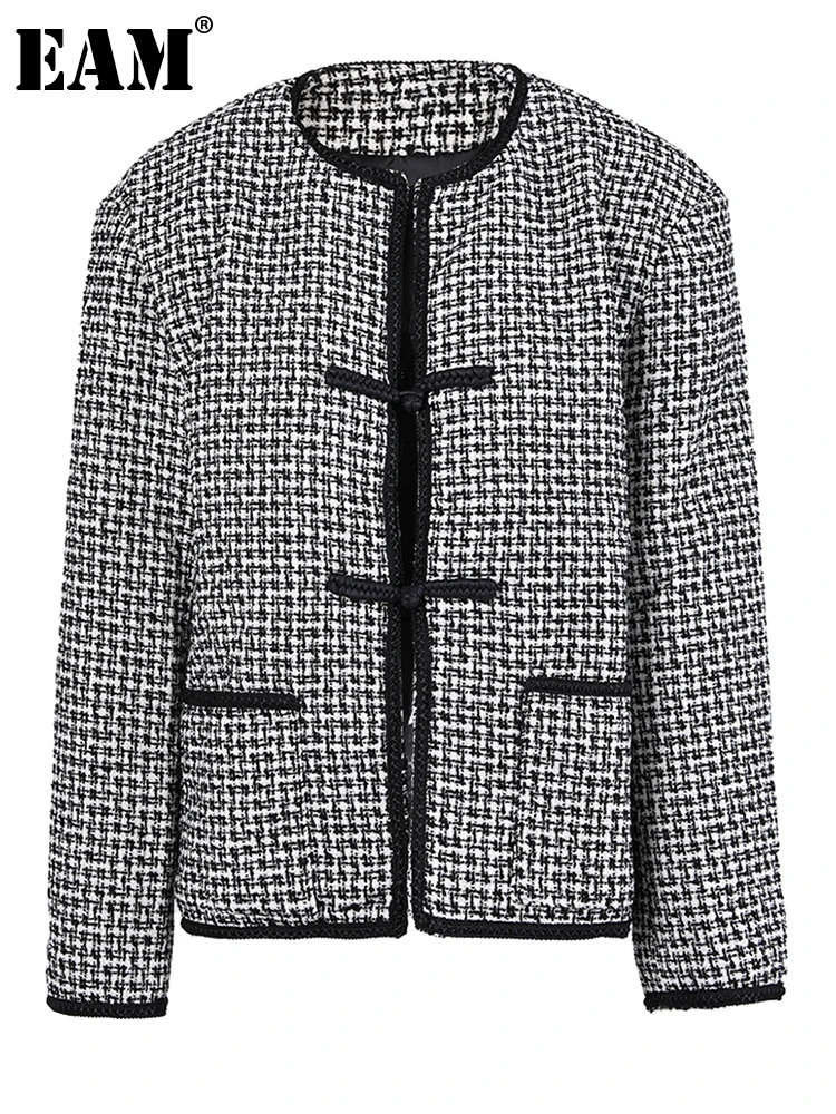 

[EAM] Black Plaid Pockets Vintage Big Size Jacket New O-neck Long Sleeve Women Coat Fashion Tide Spring Autumn 2023 1DH1489