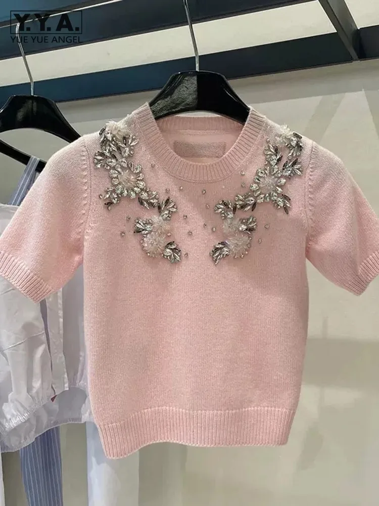 

Женский трикотажный топ в стиле Харадзюку, розовый облегающий топ с коротким рукавом, Женская Повседневная Уличная одежда, футболки с круглым вырезом и кристаллами, лето