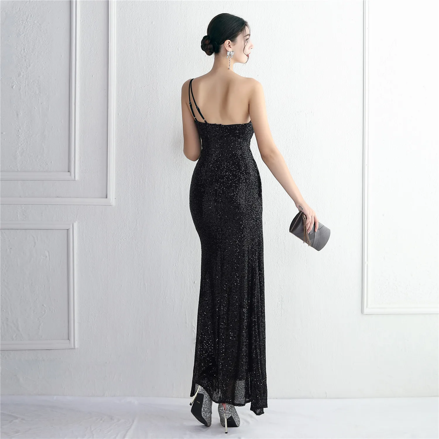 New Style Bead Piece One Shoulder Celebrity Leng Yan Banquet Slit Long Sequin Aura Queen Dinner Sexy Fishtail Dress