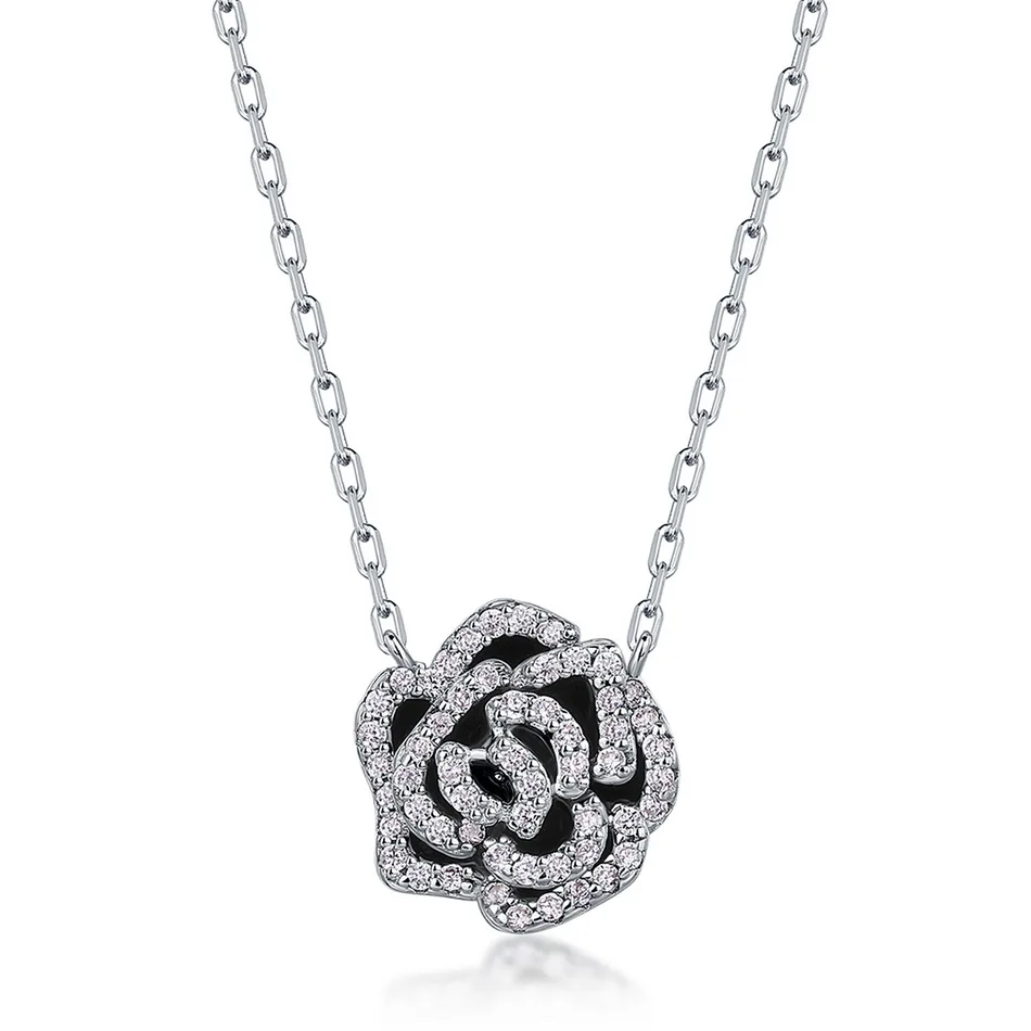 ALLNOEL 100% серебро 925 пробы ожерелье для женщин оригинальная черная эмаль цветок