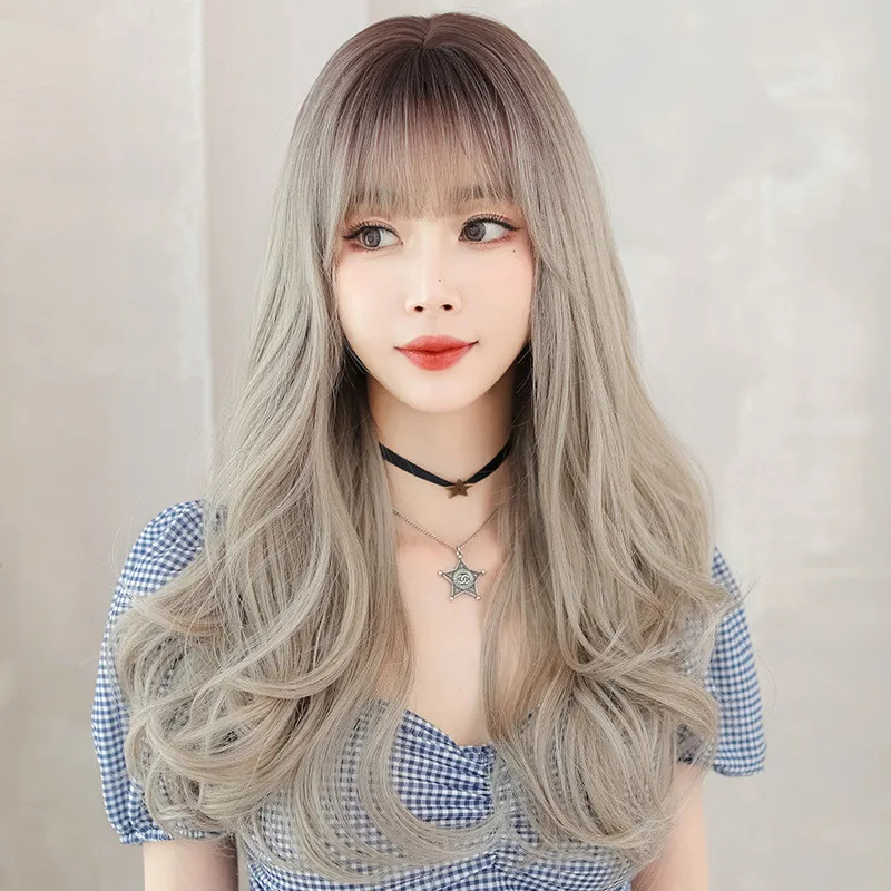 

WIGS Long Wavy Curly Gray White Hair Highlights Synthetic Blend Wigs With Fluffy Bangs For Women's Daily Wear Wigs