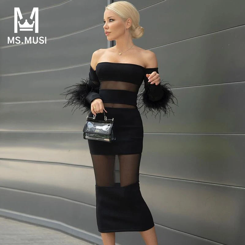 MSMUSI 2023 New Fashion  Sexy Off The Shoulder Feather Lace Mesh Hollow Out Long Sleeve Bandage Party Club Bodycon Midi Dress