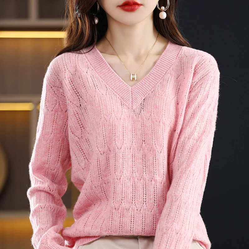

Женский пуловер с V-образным вырезом, повседневный вязаный пуловер из 2022 чистой шерсти, Свободный Топ, весна-осень 100%