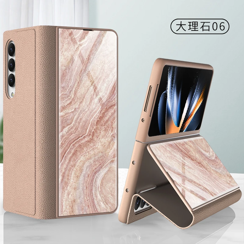 

Luxury Glass Leather Phone Case for Samsung Galaxy Z Fold 4 5G Kickstand Armor Hard Case with Pen Slot for Z Fold3 5G W22 Cover