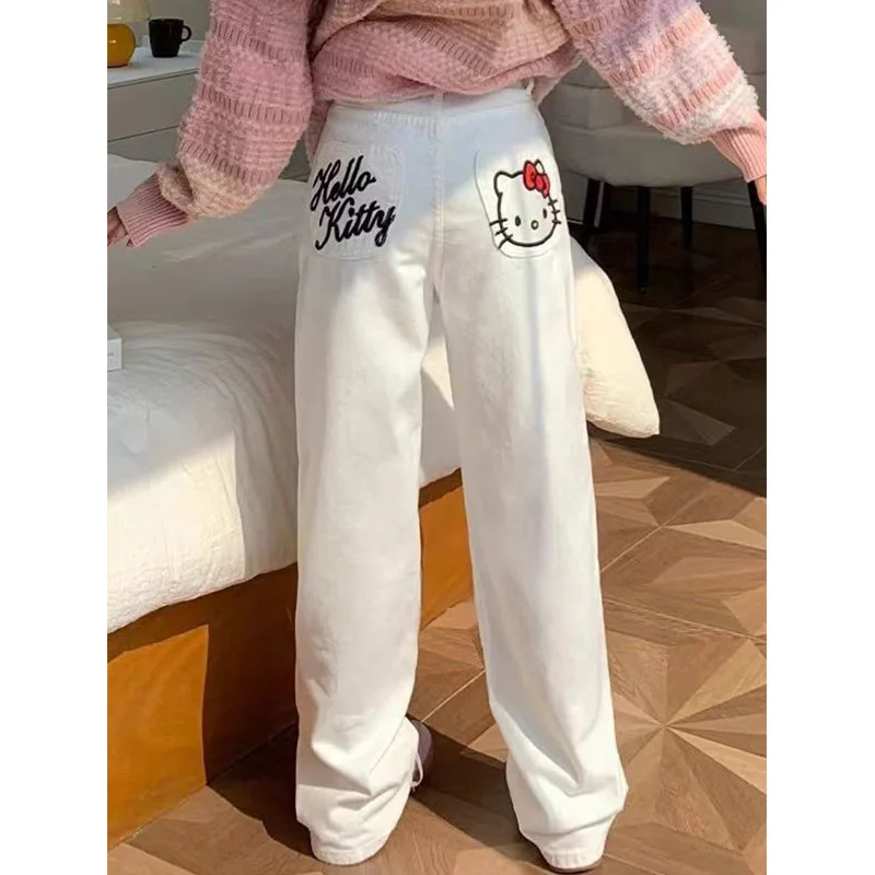 

Hellokitty Sanrio Pants Embroidered Pocket Straight Leg Jeans Women's All-In-One Baggy Slimming Wide-Leg Pants