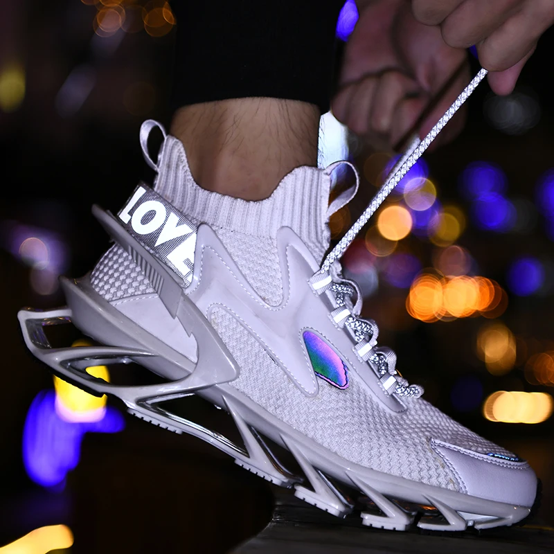 Running Shoes Men Reflective Sport Shoes Male Casual Sneakers Hollow Blade Sole Outdoor Walking Shoes PU+ Mesh Breathable