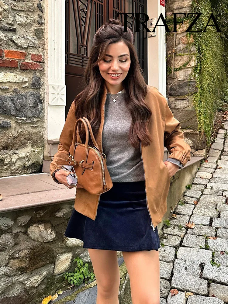TRAFZA Women's Fashion Retro Versatile Suede Texture Effect Bomber Jacket Female Pocket Decorated Zipper High Street Casual Coat