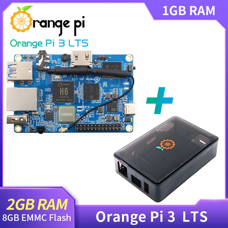 Orange Pi 3 LTS with Black ABS Case 2GB RAM 8GB EMMC Flash AllWinner H6 Open Source Board Run Android 9.0 Ubuntu Debian OS