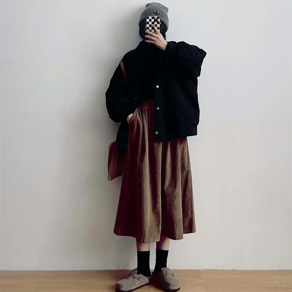 

High-waisted Slim Mid-length Casual A-line Umbrella Skirt Retro All-match Corduroy Skirt Women Japan Korea Commuter Spring 2022