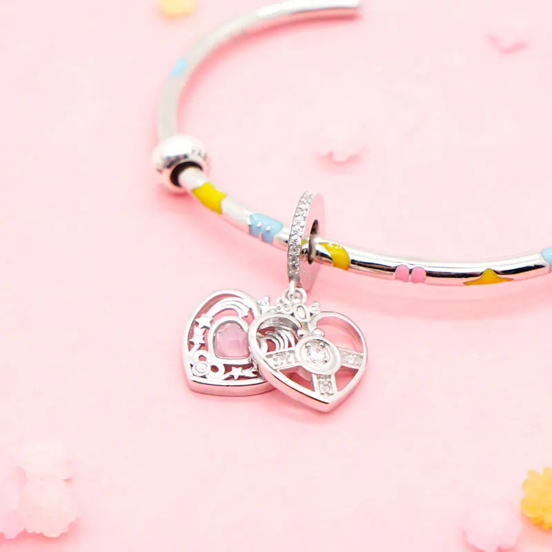 

925 Sterling Silver Anime Sailor Moon Double Layer Cosmic Heart Compact Charm Bead Fit Pandora Bracelet Bangle Fans Collection